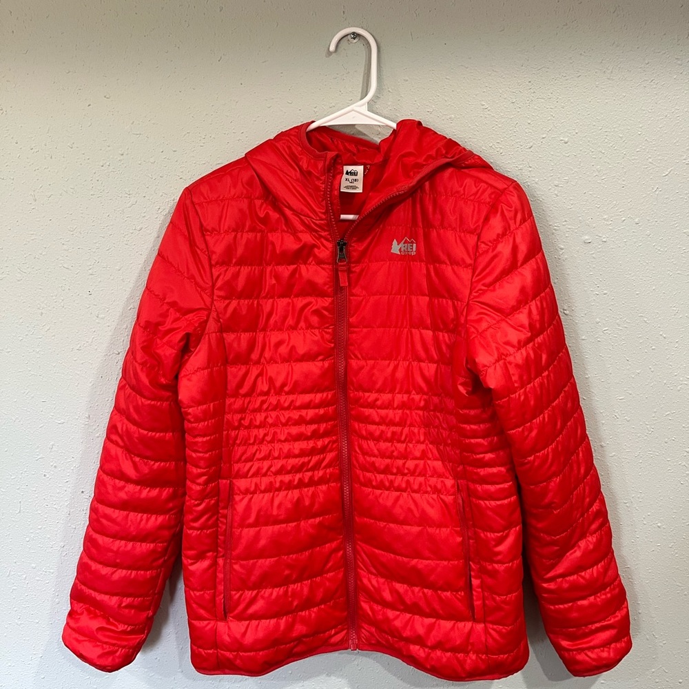 REI Coral Pink Red Youth XL Puffer Jacket Full Zip / Zipper Pockets